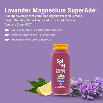 Organic SuperAde Hydration Drink, Digestive Health + Balanced Mood, SuperFood Lemonade by Sol-ti, Cold-Pressed Lavender, Magnesium, & Lemon Juice Blend,16 Pack (14.9 Fl oz)