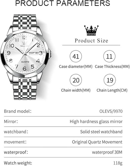 OLEVS Watch for Men Luxury Dress Analog Quartz Stainless Steel Waterproof Luminous Date Diamond Business Two Tone Casual Wrist Watch