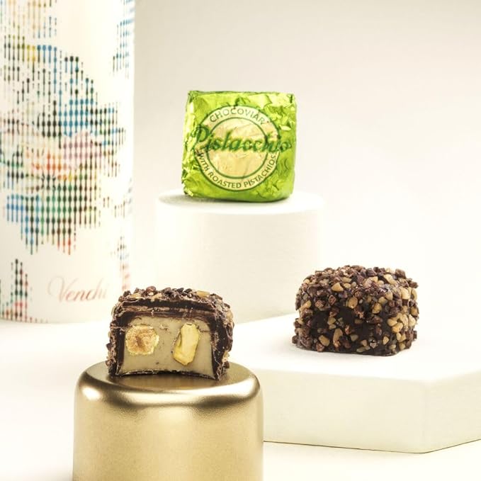 Venchi Chocoviar Pistachio Chocolate 15-Piece Elegant Gift Box - Creamy Pistachio & Hazelnut Paste, Dark Chocolate Shell Topped With Toffee Grains & Cocoa-bean Nibs - Preservative & Gluten Free