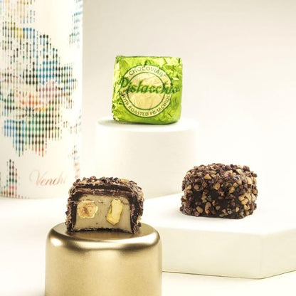 Venchi Chocoviar Pistachio Chocolate 15-Piece Elegant Gift Box - Creamy Pistachio & Hazelnut Paste, Dark Chocolate Shell Topped With Toffee Grains & Cocoa-bean Nibs - Preservative & Gluten Free