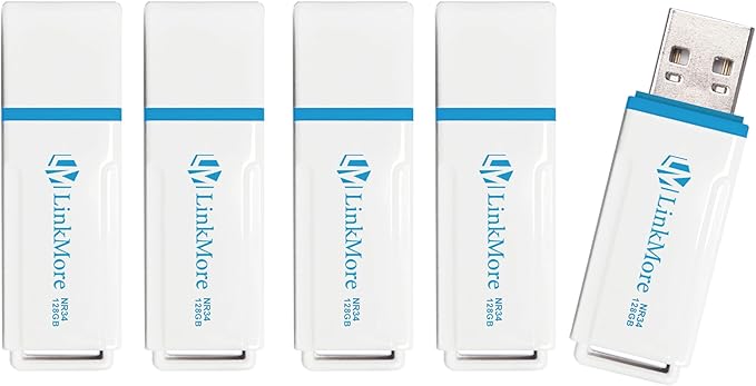 LinkMore 128GB (5 Pack) NR34 128GB USB Flash Drive 5-Pack – USB 3.2 Memory Stick with Keychain Loop, Plastic Capless Thumb Drive up to 120MB/s Read, 60MB/s Write – Plug & Play for PC, Mac, TV, Car