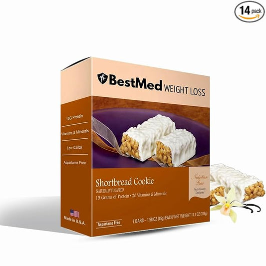 BestMed - High Protein Nutrition Bar - Low-Carb, 15g Protein, Low Sugar, High Fiber, Low Calorie, Meal Replacement Bar (Shortbread Cookie, 2 Box - 14 Count)
