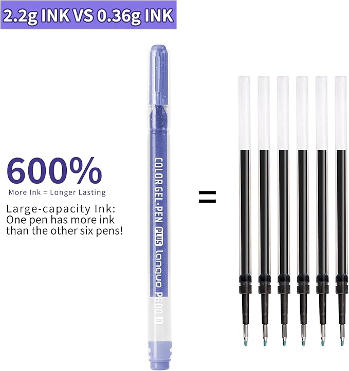 Glitter Gel Pens, 6 Pack Colored Pens for Black Paper & White Paper, 1.0mm Point Pens, Large Capacity Ink Pens for Coloring, Writing, Drawing, Journaling, Note Taking, School, Office, Home