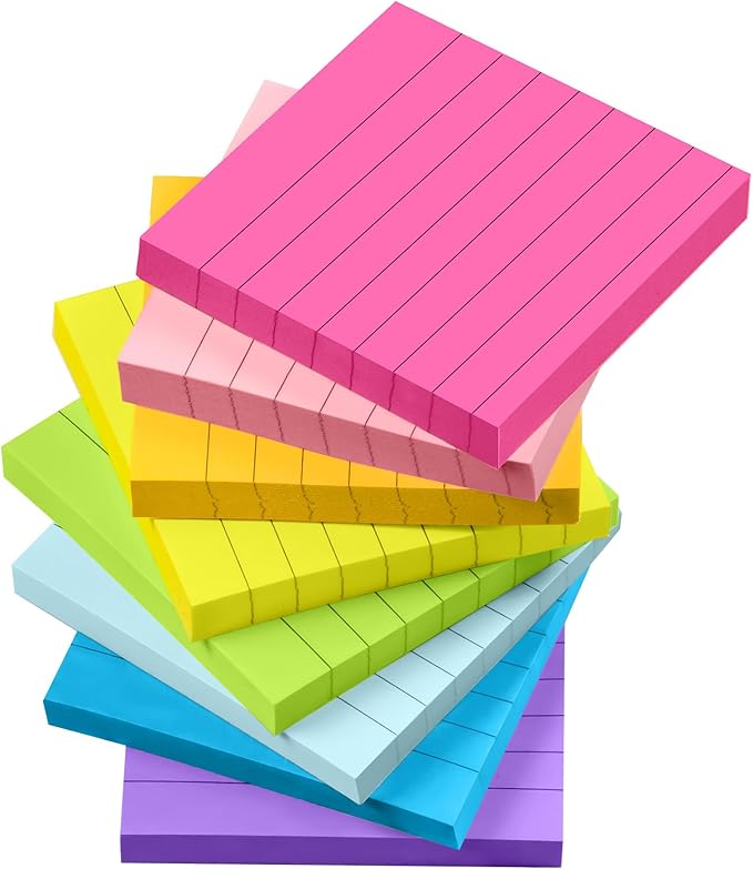 Lined Sticky Notes 3x3 in, 8 Pack Super Sticking Power Self-Stick Note Pads Bright Colors for Home, Office, School