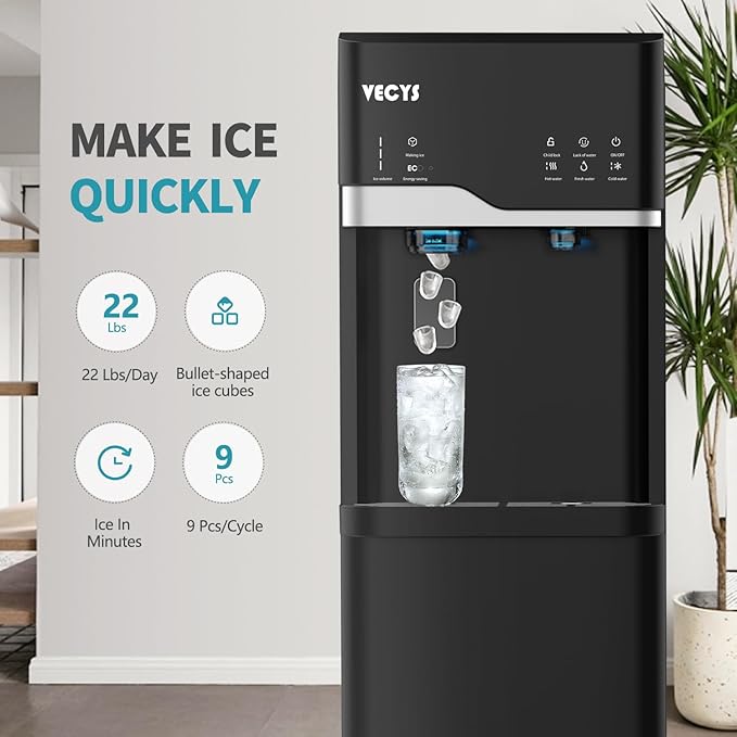 VECYS Bottom Loading Ice Maker Self-Clean Hot Cold Water Dispenser for 5 Gallon Bottle, 22LBS Daily Ice Making, Child Safety Lock, Black
