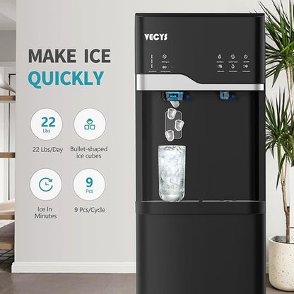 VECYS Bottom Loading Ice Maker Self-Clean Hot Cold Water Dispenser for 5 Gallon Bottle, 22LBS Daily Ice Making, Child Safety Lock, Black
