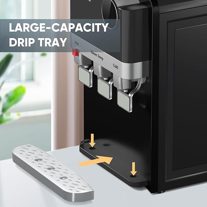 PUREPLUS Top Loading Water Cooler Dispenser, Countertop Water Cooler for 3 or 5 Gallon Bottles, Hot & Cold Water, 3 Temperature Settings, Child Safety Lock, Removable Drip Tray for Home, Office