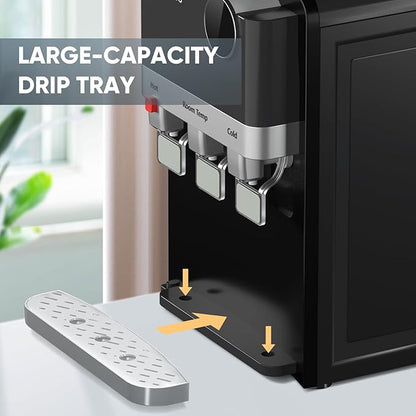 PUREPLUS Top Loading Water Cooler Dispenser, Countertop Water Cooler for 3 or 5 Gallon Bottles, Hot & Cold Water, 3 Temperature Settings, Child Safety Lock, Removable Drip Tray for Home, Office
