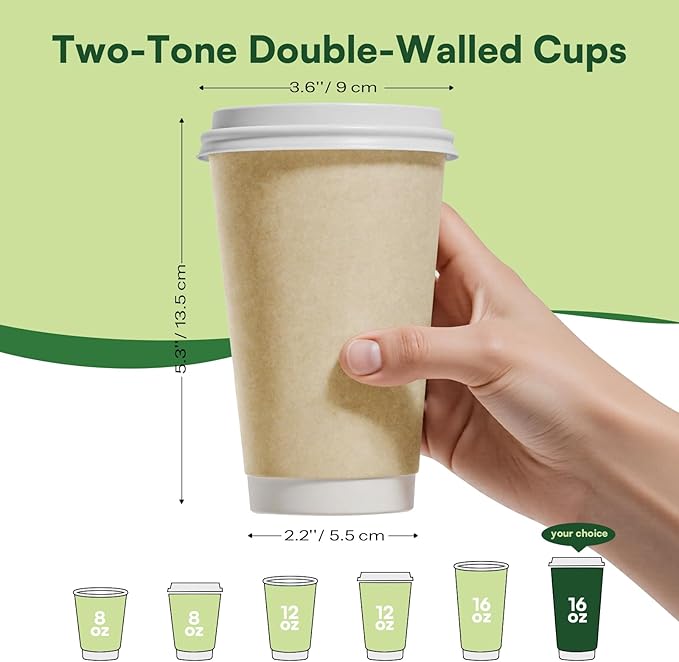 Disposable Coffee Cups with Lids 16 oz To Go Hot Cups,100 Pack Insulated Compostable Paper Cups with Lids, PLA Coated Natural Kraft Double Wall Disposable Cups for Everyday Home Togo Office Coffee Bar