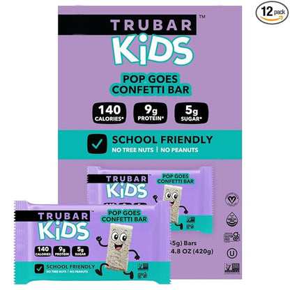 TRUBAR Kids Protein Bars, Pop Goes Confetti, Plant Based Protein, Gluten Free School-Friendly Snacks for Lunchboxes, Tree Nut and Peanut Free, Low Sugar, Healthy On the Go Snack Bars, 12 Count