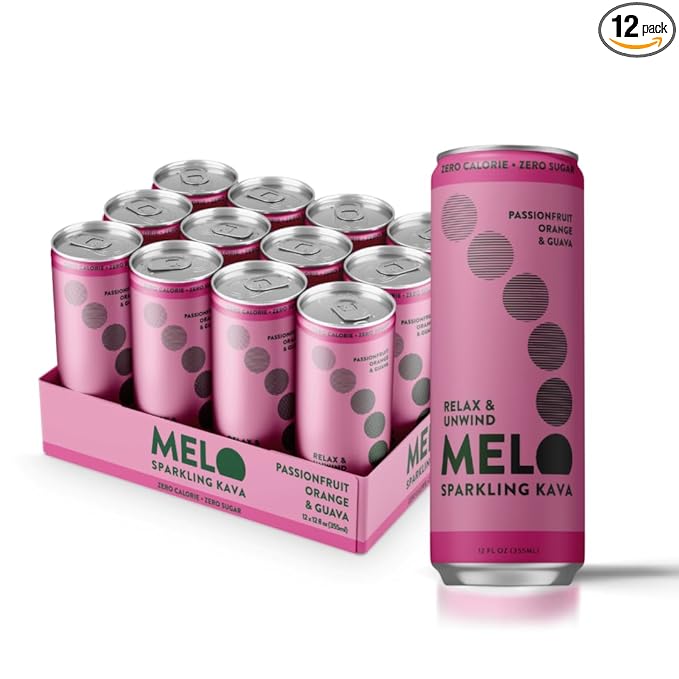 Melo Sparkling Kava Drink, Passionfruit, Orange & Guava, Sugar Free Non-Alcoholic Drinks, Zero Calories, Gluten Free, Vegan, 750mg Kava Root, 12 Pack, 12 oz Cans
