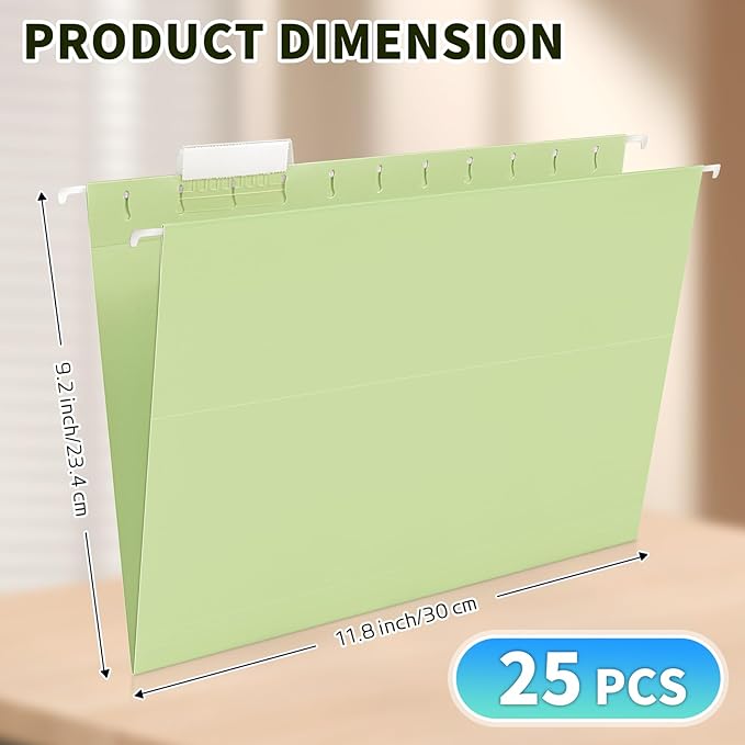 25-Pack Green Hanging File Folders, Letter Size (8.5" x 11") with 1/5-Cut Tabs,Includes 35 Transparent Label Cards & 50 Sticker Labels for Home & Office Organization