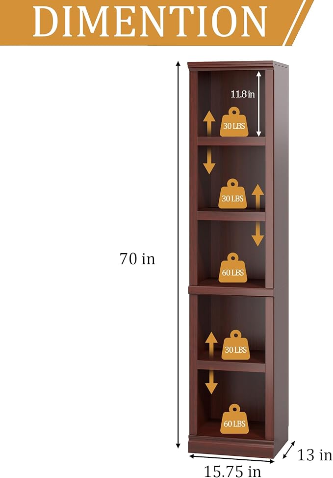 blini 5-Shelf Narrow Bookcase White Wooden Tall Bookshelves Floor Standing Display Storage Shelves Mahogany Bookcase for Home Office, Living Room, Bed Room