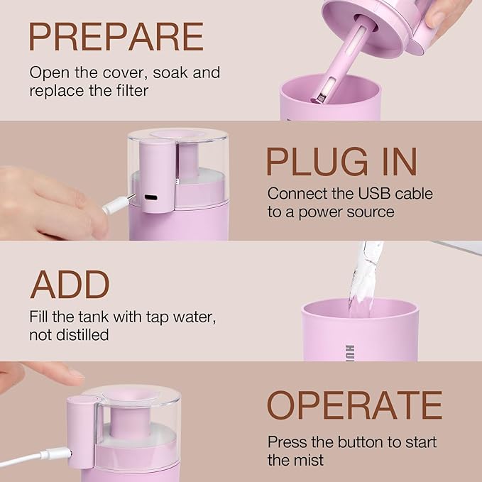 Portable Mini Humidifier, 180ml USB Cool Mist Small Humidifiers for Bedroom, Personal Desktop Humidification for Car Office Travel & Indoor Plants(Pink)