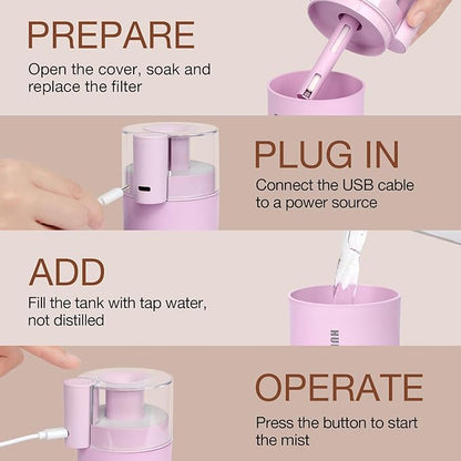 Portable Mini Humidifier, 180ml USB Cool Mist Small Humidifiers for Bedroom, Personal Desktop Humidification for Car Office Travel & Indoor Plants(Pink)