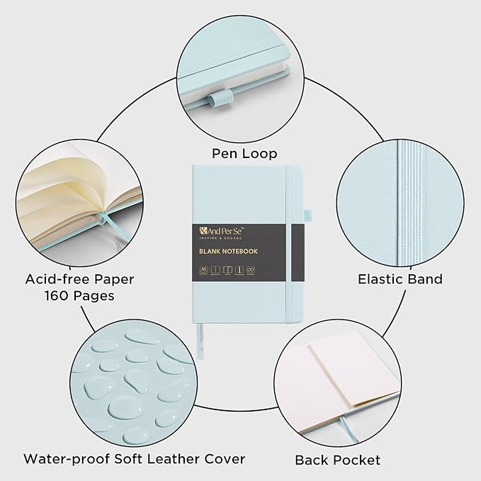 &And Per Se Blank Journal Notebook, 160 Pages, A5 5.7 x 8 inches 100 gsm Thick Paper Notebook Journals for Writing, Hardcover Notebook(1 Pack, cyan)