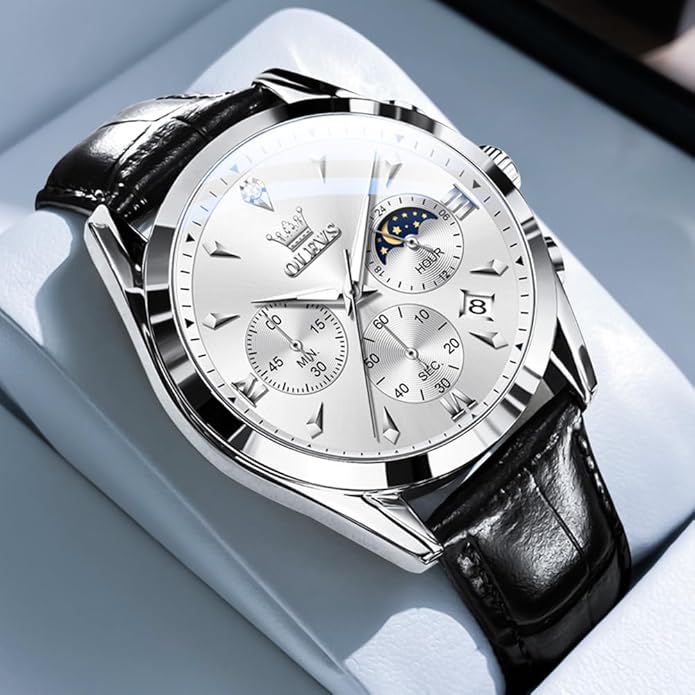 OLEVS Men's Leather Analog Quartz Watch - Luxury Chronograph Wristwatch With Date, Waterproof, Luminous - Dress Style