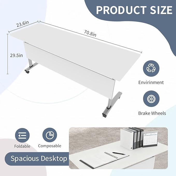 Conference Table, Folding Conference Room Table Meeting Tables, Flip Top Training Table Foldable Conference Tables with Wheels for Office, Conference Room, School (2 Pack C, 70.8 x 23.6 x 29.5 inch)