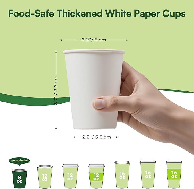 Paper Cups 8 oz White Disposable Coffee Cups,100 Pack BPA Free Leak Proof Hot Cups, 300GSM Thickened Disposable Cups, Unbleached Small Drink Cups for Everyday Use Office Party Cafe Supply Essentials