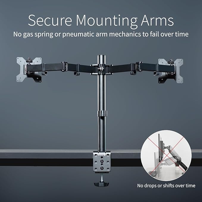 VIVO Dual Monitor Desk Mount, Holds 2 Computer Screens up to 30 inches and 22lbs Each, Heavy Duty Fully Adjustable Steel Stand with C-Clamp and Grommet, Black, STAND-V002