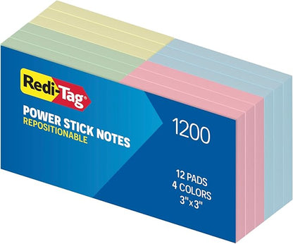 Redi-Tag Power Stick Notes, 12 Sticky Note Pads, 3 x 3 inch, Sticky Notes for School, Office, Home and Classroom, 4 Pastel Colors: Yellow, Blue, Green and Pink, 12 Pads Per Pack (1014129)