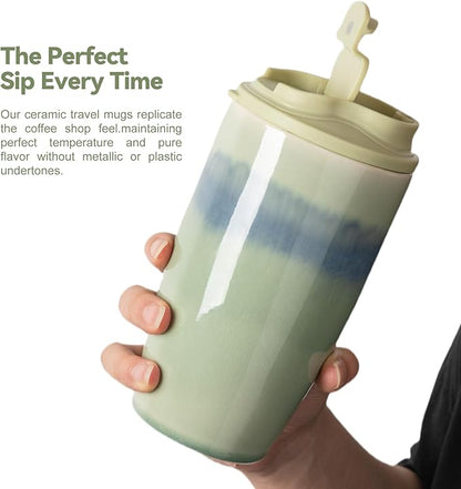 Ceramic Travel Coffee Mug with Polypropylene Lid and Insulated Sleeve, 16 oz, Portable Coffee Cup for Car Cup Holder, Transmutation Glaze Microwave and Dishwasher Safe(Light Green)