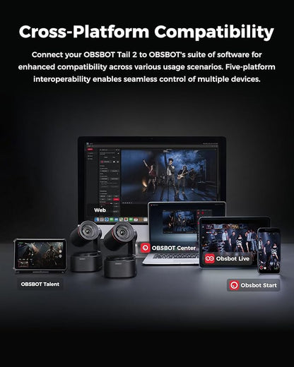 OBSBOT Tail 2 PTZR NDI Camera 4K@60FPS, Pro AI Tracking, 1/1.5" CMOS, 50MP, 5X Optical Zoom, 12X Hybrid Zoom, SDI/HDMI/IP/USB 3.0 Output, Live Streaming for Education, Conference, Worship, Live Events