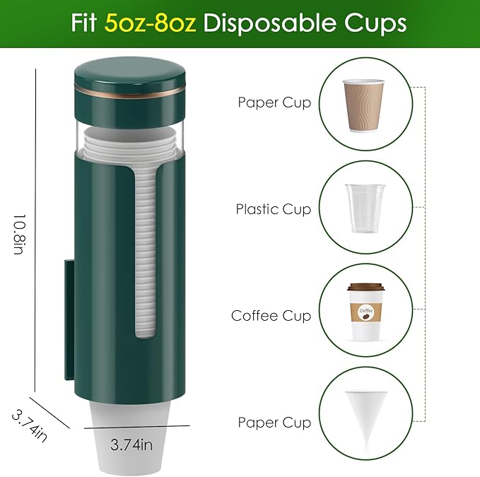 Wall Mounted Cup Dispenser for 5oz-8oz Disposable Cups - Pull Type Water Cooler Cup Holder with T-Shaped Window & Iron Clips, Dustproof Design for Family Bathroom, Office, Gym, Clinic (Green)