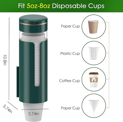Wall Mounted Cup Dispenser for 5oz-8oz Disposable Cups - Pull Type Water Cooler Cup Holder with T-Shaped Window & Iron Clips, Dustproof Design for Family Bathroom, Office, Gym, Clinic (Green)
