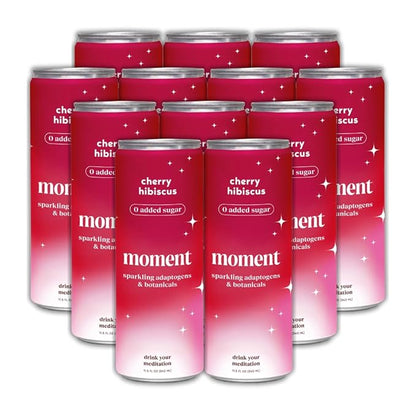 Moment Mocktails Non Alcoholic Drinks (Shark Tank) | SPARKLING Cherry Hibiscus Adaptogen Drink | L-Theanine & Ashwagandha for Calm & Clarity | 0 Added Sugar 0 Caffeine | 12-pack