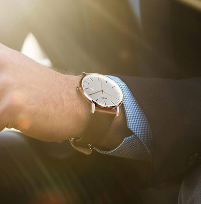BUREI Men Watches Brown Leather Fashion Minimalist Wrist Watch Simple Ultra Thin Waterproof Quartz Watches All Black Stainless Steel Mesh Band,Gift for Men Women