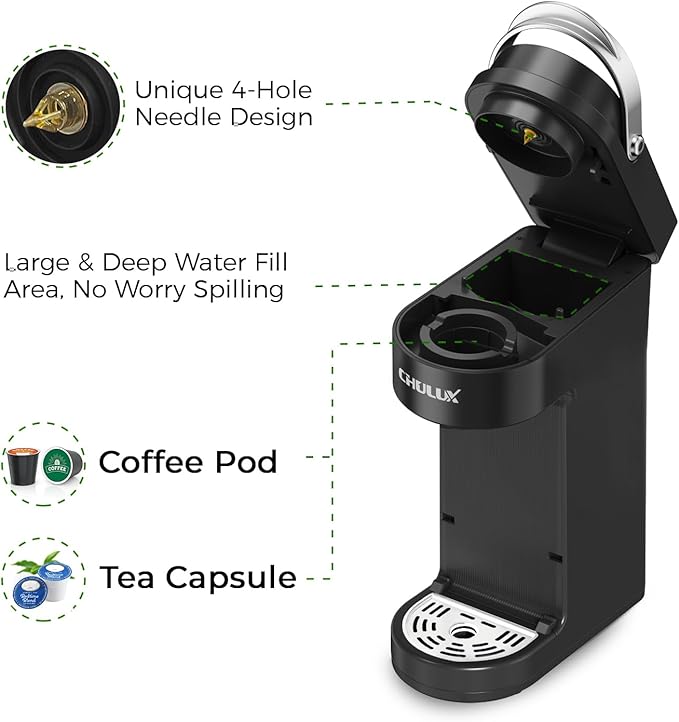 CHULUX Slim Single Serve Coffee Maker for K Pods, One Cup Coffee Maker Fits 7.3" Travel Mugs, Coffee Machine with 6 to 12oz Brew Sizes
