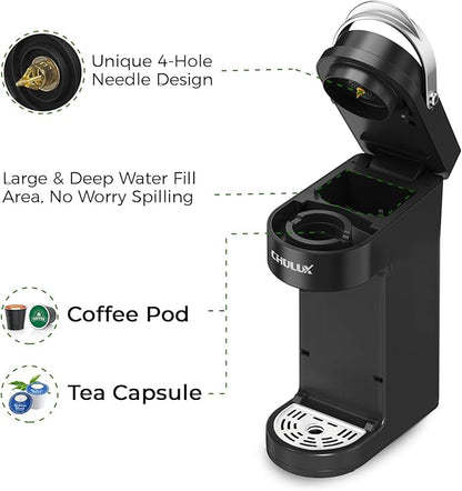 CHULUX Slim Single Serve Coffee Maker for K Pods, One Cup Coffee Maker Fits 7.3" Travel Mugs, Coffee Machine with 6 to 12oz Brew Sizes