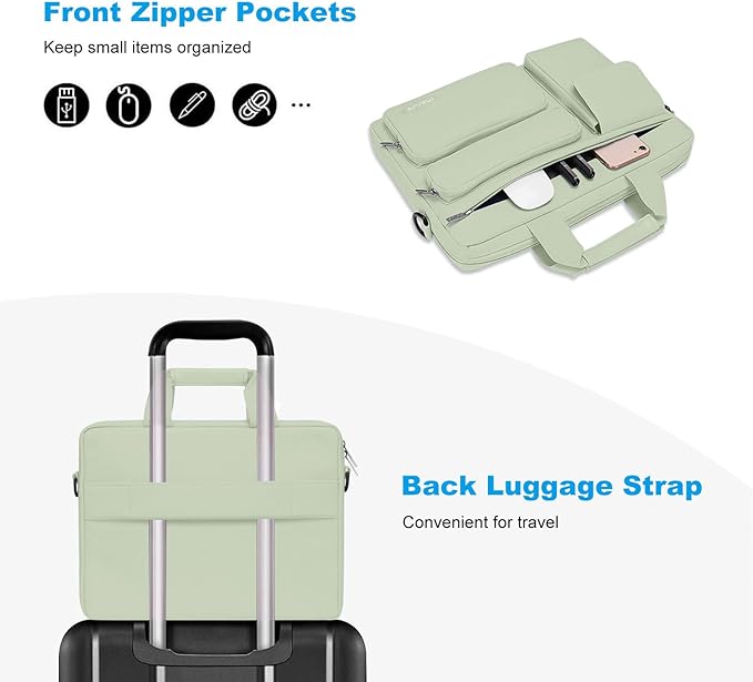MOSISO Laptop Shoulder Bag 13.3 inch, 13-14 inch Computer Bag Compatible with MacBook Air/Pro 13 / Pro 14, HP Dell ASUS Lenovo with 2 Raised&1 Flapover&1 Horizontal Pocket&Handle&Belt, Sage Green