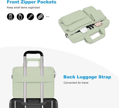 MOSISO Laptop Shoulder Bag 13.3 inch, 13-14 inch Computer Bag Compatible with MacBook Air/Pro 13 / Pro 14, HP Dell ASUS Lenovo with 2 Raised&1 Flapover&1 Horizontal Pocket&Handle&Belt, Sage Green