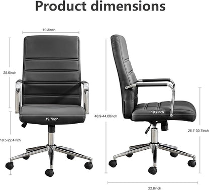 Office Desk Chair Leather, Conference Room Chairs with Wheels, Modern Executive Office Chairs Adjustable Height, Ergonomic Swivel Rolling Ribbed Computer Chair(Black)
