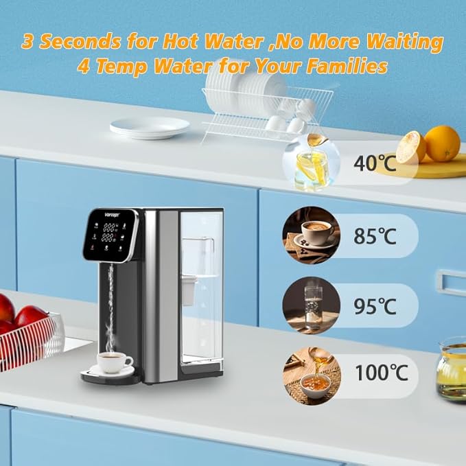 Vortopt Countertop Water Dispenser, 4L Large Tank, 4 Temperature Modes (Normal Temperature，45℃，85℃，95℃), 3S Fast Heating, Carbon Filter, Safety Lock & Water Shortage Alert,UR05，Black