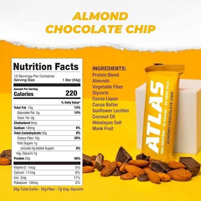 Atlas Bar – 20g Protein, 1g Sugar, 0g Seed Oils, 0g Artificial Sweeteners (Almond Chocolate Chip, 12 Count) (12 Count, Almond Chocolate Chip)