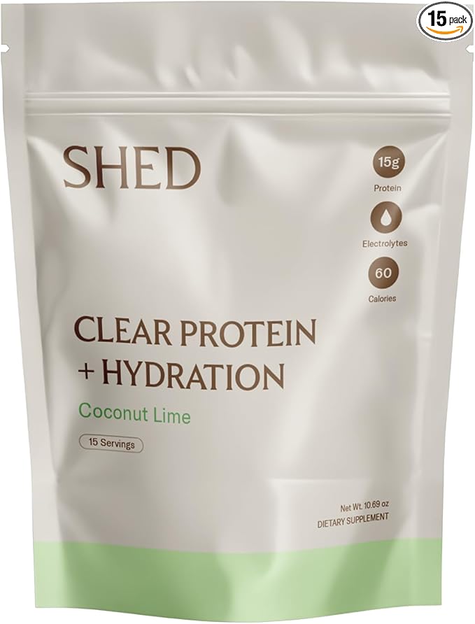 Clear Protein Powder with Electrolytes by Shed, 15g Whey Protein Isolate, Low Calorie and Lactose Free, Light and Clean Hydration Drink, Bloat-Free Post Workout Supplement, Coconut Lime (15 Servings)