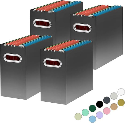 Oterri File Organizer, 4 Packs Small Storage Box, Cardboard File Folder Organizer, Collapsible File Box for Hanging File Folders Letter Size, Portable Filing Organizer with Handle (Gradient Dark Grey)