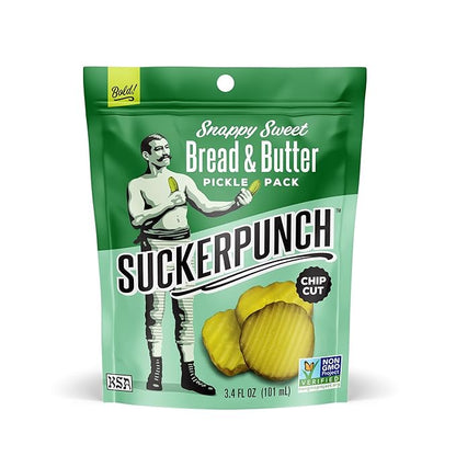 SuckerPunch Snappy Sweet Bread N’ Butter Dill Pickles Chip-Cut, Gluten Free, Kosher, Sugar Free, Low Calorie, Low Carb, on the Go, Non GMO, Keto Friendly, Vegan, 3.4 Oz Single Serve Pouch (12 Pack)