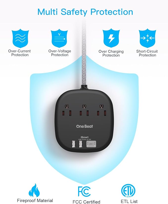 Flat Plug Power Strip, 5ft Ultra Flat Extension Cord - 3 Outlets 4 USB Ports (2 USB C) 22.5W/4.5A Desktop Charging Station, No Surge Protection for Cruise Ship, Dorm Room Travel Essentials