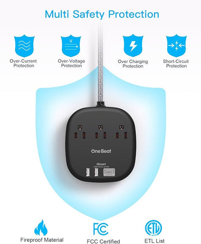 Flat Plug Power Strip, 5ft Ultra Flat Extension Cord - 3 Outlets 4 USB Ports (2 USB C) 22.5W/4.5A Desktop Charging Station, No Surge Protection for Cruise Ship, Dorm Room Travel Essentials