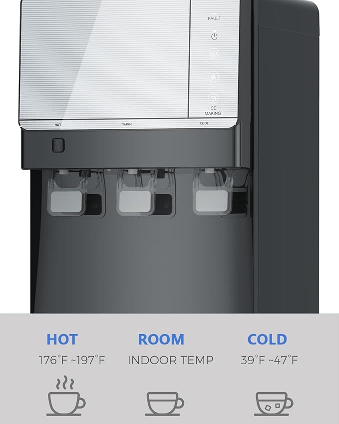 IKT Hot and Cold Water Cooler Dispenser with Ice Maker for 5 Gallon Bottle 27 lbs Daily Capacity Night Light Child Safety Lock Black