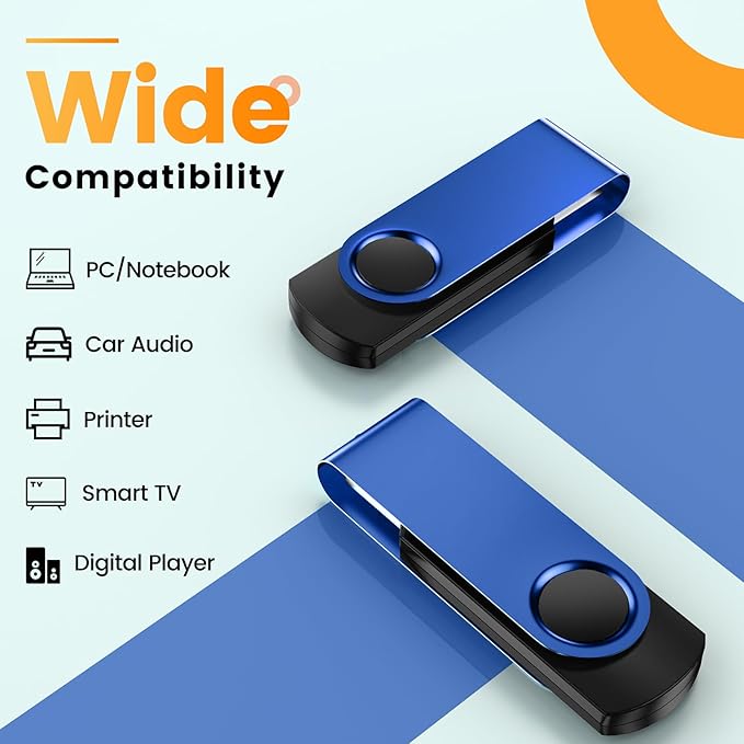 Kepmem Metal Thumb Drive Swivel USB 2.0 Memory Stick Blue Jump Drive Portable 64GB Pack of 10 with Lanyards