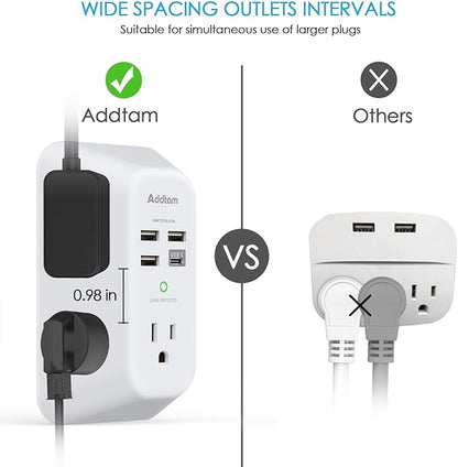2 Pack Addtam USB Wall Charger Surge Protector, 5 Outlet Extender with 4 USB Charging Ports (1 USB C Outlet) 3 Sided 1800J Power Strip Multi Plug Outlets, Wall Adapter Spaced for Home Office, White