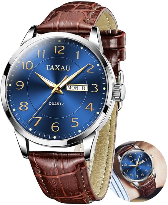 Men's Watch Big Face Easy Read Arabic Numeral Dress Watches for Men Classic Black Brown Leather Band Analog Mens Wrist Watch with Day and Date Fashion Business Waterproof Luminous Quartz Watch