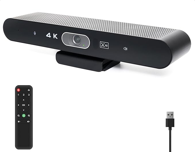 Conference Room Camera, All-in-One 4K Webcam with Microphone and Speaker, AI Tracking and Auto Framing, Wide Angle of View, Plug and Play USB Webcam for PC, Mac, Meetings, Teams, Zoom & Webex