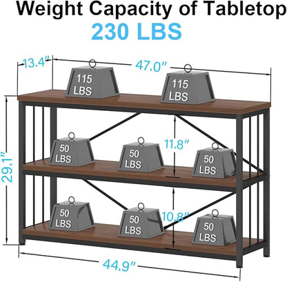 IBF 3-tier Industrial Bookshelf, Wood and Metal Horizontal Shelves Rustic Low Wide Bookcase with Large Open Storage, Farmhouse Simple Display Shelf for Home Office Living Room Kitchen, Walnut, 47 Inch