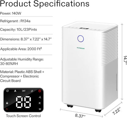 VIVOSUN 10L/D 2,000 Sq. Ft. Dehumidifier, Ultra-Quiet Auto Defrost Dehumidifier Equipped with 2L Water Tank, Smart WiFi App, Color Digital Display, 24-hour Timer for Home, Basement, Bedroom